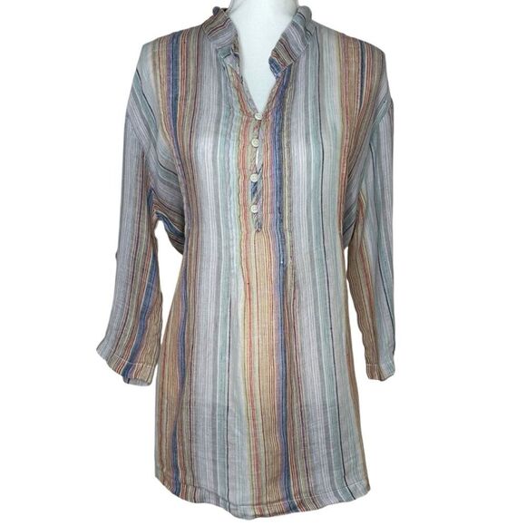 CP Shades Celeste Rainbow Stripe Linen Pintuck 3/4 Sleeve Shirt Tunic Top Medium